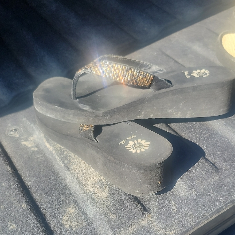 Yellow Box Black Sandals with Gold Accents